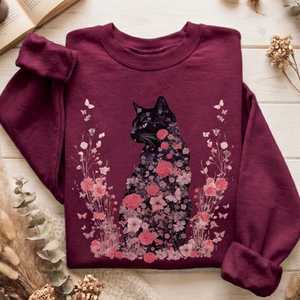 Pink Floral Black Cat Cottagecore Sweatshirt