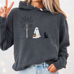 Halloween Bookish Tees: Little Ghost and Black Cat Halloween T Shirt Hooded Sweatshirt