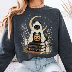 Sweatshirts: Ghost Cat and Books Halloween Sweatshirt