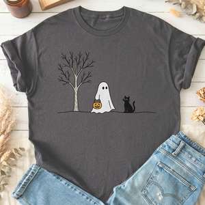 All T Shirts: Little Ghost and Black Cat Halloween T-Shirt
