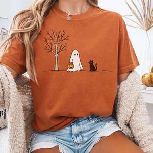 Little Ghost and Black Cat Halloween T-Shirt