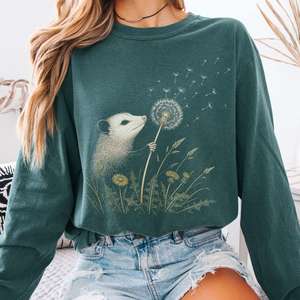 Long Sleeve Tees: Opossum Making a Dandelion Wish Long Sleeve