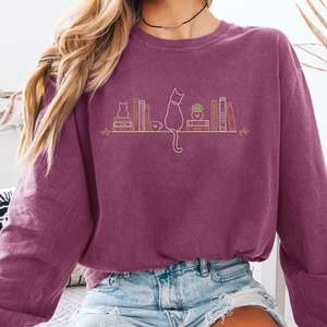 Long Sleeve Tees: Book Shelf & Cat Bookish Long Sleeve