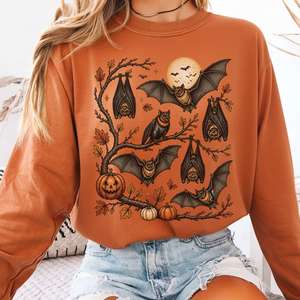 Long Sleeve Tees: Moonlit Bats Halloween Long Sleeve