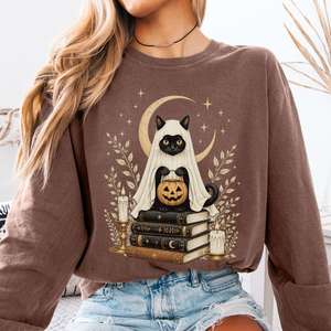 Long Sleeve Tees: Ghost Cat and Books Halloween Long Sleeve