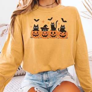 Long Sleeve Tees: Black Cats And Their Pumpkins Long Sleeve