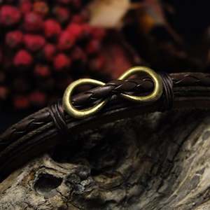 Brass Silver Played Bangles: Faux Leather Bracelet / Infinity