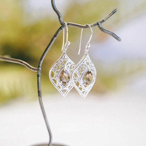 Silver And Gemstone Earrings: Nessa Floral Shield Teardrop Sterling Silver Earrings