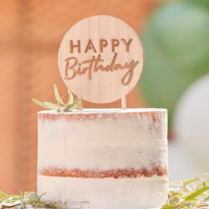 Cake Topper: Wooden Round Happy Birthday Cake Topper