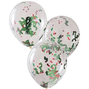 Confetti Balloons: Christmas Holly And Berries Confetti Balloons 5pk