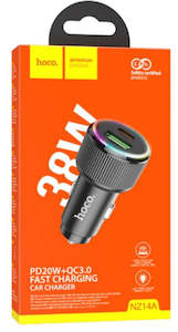 Car Phone Holder: HOCO 38W PD+QC Aluminum Super Fast Car Charger w/ LED Ring Light (NZ14A)Car Charger