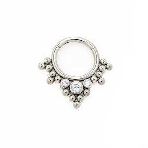 Nose: Titanium with 3 Cluster Bezel Set CZ & Trio Beads V-Shape Front Facing Hinged Segment Clicker