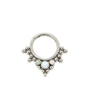 Nose: Titanium with 3 Cluster Bezel Set Opal Trio Beads V-Shape Front Facing Hinged Segment Clicker