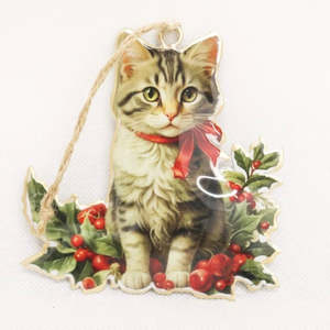 Vintage Cat with a Garland Hanging Christmas Decorations