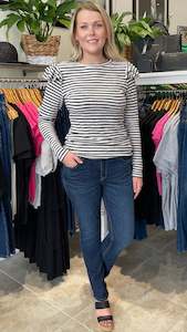 Long Sleeve: Dawn Ruffle Shoulder Long Sleeve Top Charcoal Stripe