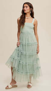 Gypsy Swing: Poppy Frill Ruffle Maxi Dress Green Lilly