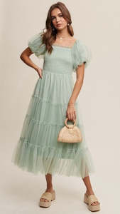 Penelope Tulle Puff Sleeve Dress Mint