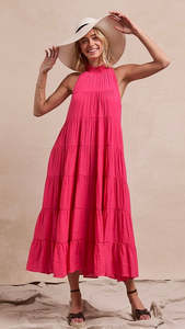 Juliette High Neck Tiered Maxi Dress Hot Pink