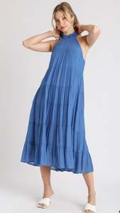 Juliette High Neck Tiered Maxi Dress Blue