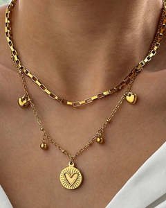 Jewelry: Double Layer Heart Charm Necklace Gold