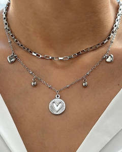Double Layer Heart Charm Necklace Silver