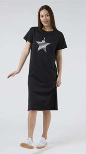Basics: Maxie T Shirt Dress Black with Black and White Stripe Star