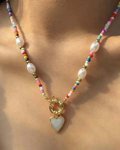 Beaded Necklace Multi White Heart