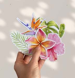 Stickers: Tropical flowers and leaves vinyl TRANSPARENT or WHITE stickers