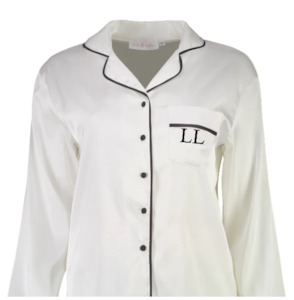 Satin Long Set: Georgie Long PJ Set - White/ Black - Large - Embroidery LL On Pocket