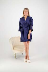 Satin Robes: Avana Lace Robe - Navy