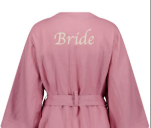 Harper Linen Robe - Peony Pink - Size L - Bride Embroidery on Back