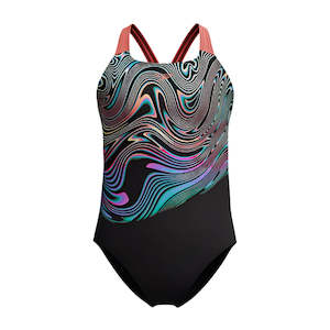 Speedo’s Girls Placement Powerback Swimsuit Black/Orange