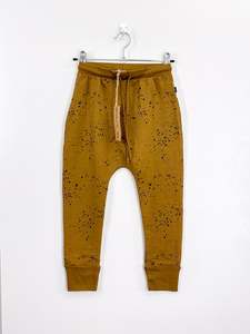 Brand New: BNWT Little Flock Of Horrors merino sawyer drop crotch pants - mustard paint splatter (6-7y)