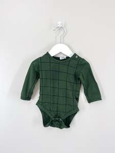 Little Flock Of Horrors merino bodysuit - forest check (6-12m)