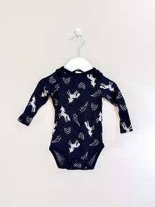Merinos Thermals: Teeny Weeny merino bodysuit - navy unicorn (3-6m)