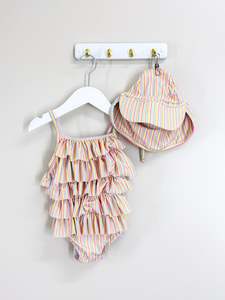 Swimwear: Teeny Weeny candy stripe frill swimsuit + flap hat (6-12m)