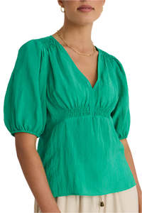 Top: BNWT - Stories Be Told Believer Green Textured V neck top | size 12 - RRP $129.90