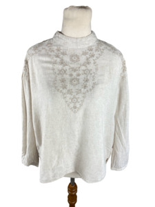 Zara beige with flower detail linen-blend long sleeve top | size 8