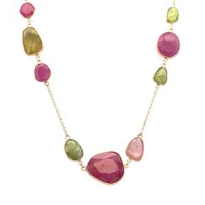 Pendants Necklaces: Pink and Green Sapphire Polki Necklace in Yellow Gold | 78.00ctw