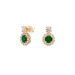 Emerald and Diamond Halo Drop Earrings in Yellow Gold | 2.28TCW