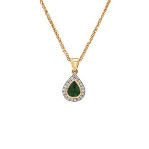 Inspiration Gallery: Aurelia: Emerald and Diamond Halo Drop Pendant in Platinum and Yellow Gold | 1.08ctw