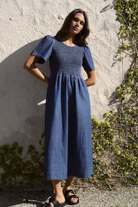 RE:UNION WREN COTTON SS SHIRRED BODICE MIDI DRESS - STORM BLUE