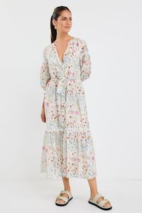 BY ROSA WISDOM BALLOON SLEEVE MIDI SHIRT DRESS - CREAM FLORAL