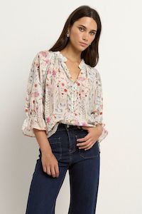 By Rosa: BY ROSA ENCOUNTER GATHERED BUTTON FRONT TOP - CREAM FLORAL