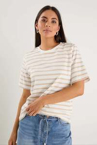 Womens Tees: RE:UNION BINDING WHITE NATURAL STRIPE BOXY FIT TEE