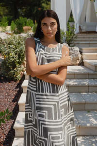 Vogue Dresses: STORIES BE TOLD FUTURE KHAKI MAZE PRINT SLEEVELESS MIDI DRESS