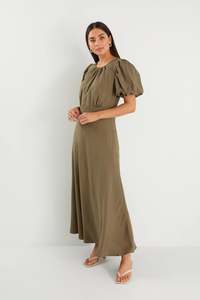 Vogue Dresses: STORIES BE TOLD STAGE KHAKI PUFF SLEEVE FLOATY MAXI DRESS