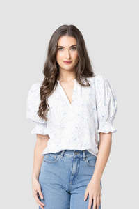 Vogue Tops: SEEKING LOLA RELAXED BUTTERFLY TOP - BLUE FLORAL SKETCH