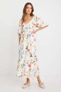 IVY + JACK POSY CREAM GARDEN PRINT SWEETHEART PUFF SLEEVE MIDI DRESS