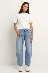 Vogue Denim: STORIES BE TOLD CAMPUS LIGHT BLUE TIE WAIST BARREL JEANS